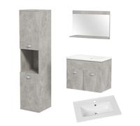 Kleankin Conjunto Mueble Baño Diseño Moderno Almacenamiento Grises Madera 3 Piezas Espejo Armario Lavabo Cerámico Columna Auxiliar Aosom España