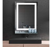 kleankin Espejo de Baño con Luces LED, 50x70 cm, Espejo de Pared, 3 Colores de Luz, Brillo Regulable, Estante de Vidrio, Función de Memoria, Interruptor Táctil, IP44, Vertical