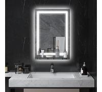 kleankin Espejo de Baño con Luces LED 50x70 cm Espejo para Baño con 3 Colores de Luz Estante de Vidrio Función de Memoria e Interruptor Táctil Plata