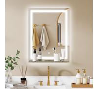 kleankin Espejo de Baño con Luces LED 60x80 cm, 3 Colores de Luz, Vertical | Espejo de Pared, Brillo Regulable, Estante de Vidrio, Función de Memoria, Interruptor Táctil, IP44