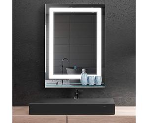 kleankin Espejo de Baño con Luces LED 70x50 cm Espejo para Baño con Marco de Aluminio Interruptor Táctil y Estante de Vidrio para Salón Entrada Plata