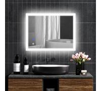 kleankin Espejo de Baño con Luces LED Regulable en 3 Colores, 80x60 cm, Espejo de Pared, Antivaho, Luces Retroiluminado, Función de Memoria, Ajuste de Brillo, Interruptor Táctil, Horizontal/Vertical