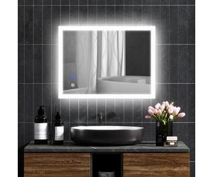 kleankin Espejo de Baño con Luces LED Regulable en 3 Colores, 80x60 cm, Espejo de Pared, Antivaho, Luces Retroiluminado, Función de Memoria, Ajuste de Brillo, Interruptor Táctil, Horizontal/Vertical