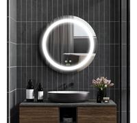 kleankin Espejo de Baño con Luz LED Ø50x4,6 cm Espejo Redondo de Pared con Interruptor Táctil 3 Luces Ajustables Función de Memoria y Antivaho Marco de Aluminio Plata