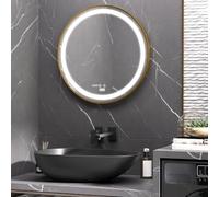 kleankin Espejo de Baño con Luz LED Ø60x4 cm Espejo Redondo 3 Luces Dorado | Interruptor Táctil, Ajustable, Visualización de Temperatura y Hora, Función de Memoria, Marco de Aluminio