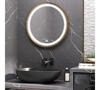 kleankin Espejo de Baño con Luz LED Ø60x4 cm Espejo Redondo con Interruptor Táctil 3 Luces Ajustable Visualización de Temperatura y Hora Función de Memoria Marco de Aluminio Dorado