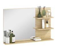 kleankin Espejo de baño Moderno con 2 estantes Laterales y Estante Inferior, Espejo de Pared de MDF y Cristal, 75x10x48 cm, Color Madera