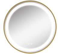 kleankin Espejo de Baño con Luz LED Ø60x4 cm Espejo Redondo con Interruptor Táctil 3 Luces Ajustable Visualización de Temperatura y Hora Función de Memoria Marco de Aluminio Dorado