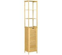kleankin Estantería de Baño de Bambú Armario Alto 34x30x173 cm Natural | para Baño, 3 Estantes, 1 Puerta, Mueble Columna de Almacenaje, para Salón