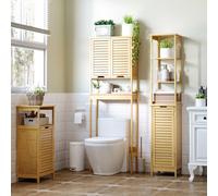 kleankin Estanteria de Baño de Bambu Armario para Baño Estantes y 1 Puerta Mueble Columna de Almacenaje para Salon 34x30x173 cm Natural