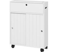 kleankin Mueble Auxiliar Baño Moderno Armario de Baño con 4 Ruedas 2 Agujeros para Papel 2 Armarios y Estantes Ajustables Mueble Auxiliar de Almacenaje para Salón 52x17x67 cm Blanco