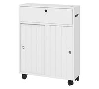 kleankin Mueble Auxiliar Baño Moderno Armario de Baño con 4 Ruedas 2 Agujeros para Papel 2 Armarios y Estantes Ajustables Mueble Auxiliar de Almacenaje para Espacio Estrecho 52x17x67 cm Blanco