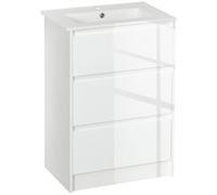 kleankin Mueble de Baño con Lavabo 2 Cajones 61x37x88 cm Blanco Brillante | Armario de Baño, de Cerámica Sintética