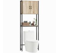 kleankin Mueble sobre Inodoro, Organizador sobre WC con 2 Puertas, Estante Ajustable, Estante Abierto, Estantería de Baño Encima WC para Espacio Pequeño, 64x19x178 cm, Natural