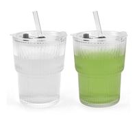 Kleemeiero 2 PCS Vaso de Vidrio Con Tapa y Pajita, 400ml Acanalado a Prueba de Fugas Para Agua, Jugo, Café
