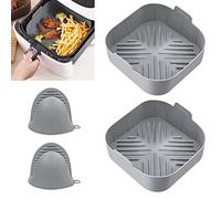 Kleemeiero 2 PZS Molde Olla de Silicona para Freidora de Aire 20cm Cesta Reutilizable Cuadrada y 2 Manopla, Bandeja para Airfryer, Microondas, Horno