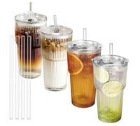 Kleemeiero 4 PCS Vasos de Vidrio 550ml con Tapa y Pajita | Vasos Reutilizables para Café Helado, Smoothies y Bebidas Frías | Tazas de Cristal con Tapa | Ideal para Té, Jugo o Agua