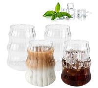 Kleemeiero 4 PCS Vasos de Vidrio para Café 530ML Vasos de Cristal con Forma de Ondulada, Tazas para Batidos, Vasos de Cóctel, Cerveza, Whisky, Latte, Macchiato, Hacer Bebidas y Fiesta Verano
