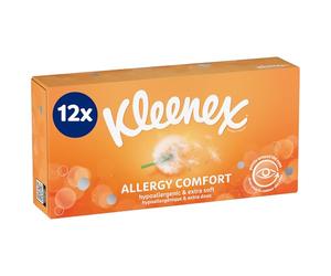 Kleenex Caja Allergy Pañuelos de Papel Hipoalergénicos óptimos para limpiar los moqueos y los ojos llorosos 12 cajas de 56 servicios, Total 672 pañuelos de papel