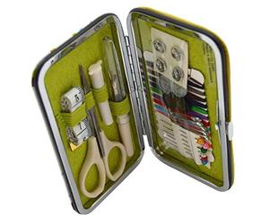 Kleiber - Kit de Costura para Viajes en Estuche Duro, tamaño Bolsillo, Incluye Tijera/Hilo/Botones/descosedor/Cinta métrica y automáticos, Color Azul/Verde