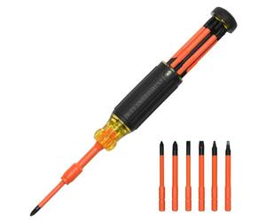 Klein Tools 32306INS - Destornillador multibroca aislado 6 en 1, destornillador multibroca con cuello de bloqueo automático, clasificación de 1000 V, almacenamiento de brocas en el mango
