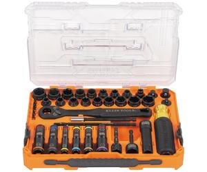 Klein Tools 65500KNECT KNECT - Juego completo de Herramienta de llaves de vaso de impacto y giro, trinquete de 90 dientes, funda MODbox, SAE, métrico, mango de destornillador, brocas, 39 piezas