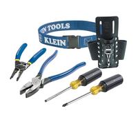 Klein Tools 80006 Kit de herramientas de recorte, fabricado en Estados Unidos, con herramientas manuales, y una bolsa de herramientas de cuero de 4 bolsillos, 6 piezas