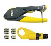 Klein Tools 80163 Juego de crimpado de cable coaxial con crimpadora de compresión VDV, pelacables radiales y 10 conectores F de compresión universales