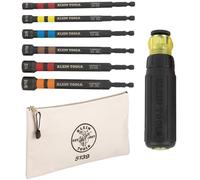 Klein Tools 80182 - Juego de destornilladores de tuerca hueca de trinquete con mango, magnético, 6 tamaños hexagonales SAE más bolsa de herramientas de lona con cremallera, 12.5 x 7 x 0.7 pulgadas, 8