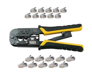 Klein Tools VDV226-817 - Kit de instalación modular, amarillo, acero de alto carbono, agarre ergonómico, incluye crimpadora/pelacables de trinquete, conectores RJ11/RJ45, conector CAT5e