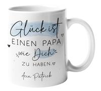kleinebuchleten® "Glück ist ein Papa wie dich zu haben [Wunschname]" - Taza personalizada para el día del padre, idea de regalo para el mejor padre del mundo, taza interior y asa - blanco