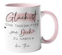 kleinebuchleten® Glück ist eine Tagesmutter wie dich zu haben [Wunschname] Personalizierte Tasse/Becher - Geschenkidee für die beste Erzieherin der Welt - Tasse innen & Henkel - Rosa