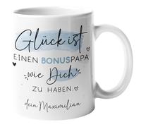 Kleinebuchleten® Taza para el día del padre, personalizable con texto en alemán "Glück ist ein Bonus Papa wie dich zu haben [Wunschname]" - Geschenk für den besten Bonuspapa der Welt - Tasse innen