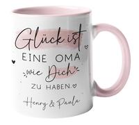 Kleinebuchleten® Taza personalizada con texto en alemán "Glück ist eine Oma wie dich zu haben [Wunschname] - Geschenkidee für die beste Oma oder Omi der Welt - Tasse innen & Henkel - Rosa