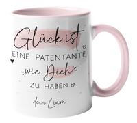 Kleinebuchleten® Taza personalizada "Glück ist eine Patentante wie dich zu haben [Wunschname] - Geschenkidee für die beste Patentante oder Madrina der Welt - Tasse innen & Henkel - Rosa