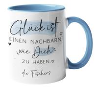 Kleinebuchstaben® Taza personalizada/taza con texto en inglés "Glück ist einen Vecinn wie dich zu haben [Wunschschname]", idea de regalo para el mejor vecino del mundo, taza interior y asa, color azul