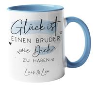 Kleinebuchstaben® Taza personalizada/taza "Glück ist einen Bruder wie dich zu haben [Wunschschname]", idea de regalo para el mejor hermano del mundo, taza interior y asa, color azul
