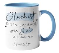 Kleinebuchstaben® Taza personalizada/taza "Glück ist einen Erzieher wie dich zu haben [Wunschschname]", idea de regalo para el mejor educador del mundo, taza interior y asa, color azul