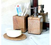 KLEO - Accesorios de baño hechos de piedra natural marrón y arena. El juego de 3 accesorios de baño incluye dispensador de jabón/loción, utilidad y jabonera
