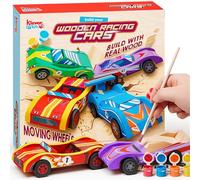 Klever Kits 4 DIY Autos de Carrera de Madera - Construye y pinta tu propio kit de manualidades de madera, 4 juguetes de autos de carreras, kit de manualidades fácil de montar, regalos de fiesta de