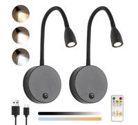 Klighten 2 Piezas Lampara Lectura Pared sin Cable Regulable con Mando a distancia, Batería 2W LED Lámpara de Cama Flexible, Apliques de Noche de Lectura Recargable USB, 3000/4500/6000K, Negro