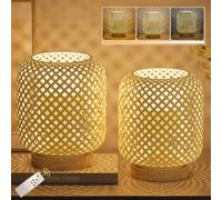 Klighten 2 piezas Led Lámpara De Mesa Bambú Ratán Natural Regulable Recargable, Sin Cable a Pilas Con Mando a Distancia, 3000K-6000K Luces De Mesa, Para Dormitorio, 5500mah, 7W, Con Bombilla E27