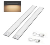 Klighten 2 Piezas Luz de Armario 40CM Recargable USB, Led Cocina Bajo mueble con Sensor Movimiento, 3 Modos, Luces Armario Adhesiva Magnetica Pilas, 73 LEDs, Blanco Cálido 3000K, 2200mah, Plata