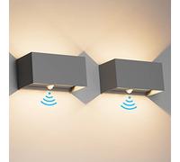 Klighten Aplique de pared con detector de movimiento 2 piezas, 24W, Aplique de pared exterior con haz de luz ajustable, 3000K blanco cálido, Apliques de pared Ip65 con sensor.（Gris oscuro