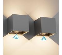 Klighten Aplique de pared con sensor de movimiento 2PCS, 12W Aplique pared exterior/interior con haz de luz ajustable, 3000K blanco cálido, Lámparas de pared Ip65 con sensor, Gris oscuro
