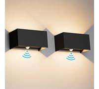 Klighten Aplique de pared con sensor de movimiento 2PCS, 24W Aplique pared exterior/interior con haz de luz ajustable, 3000K blanco cálido, Lámparas de pared Ip65 con sensor (Negro)