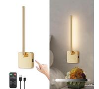 Klighten Led Aplique De Pared Interior Con Batería Sin Cable, 3W 3000K Lámpara De Pared Con Telemando, 5000mAh Con USB-C, 350°Giratorio Con Funciones De Regulación Y Temporizador, Para Salón, Latón