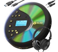 KLIM Discover con Auriculares - Reproductor de CD Portátil - Discman con batería de Larga duración - Radio FM Portátil Compatible MP3, SD Card, Bluetooth - Ideal para Coches - Negro/Dorado