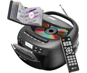 KLIM Reproductor de CD y reproductor de cinta de casete con funda, boombox Bluetooth, radio AM/FM, sonido estéreo, control remoto, combo de CD y casete, grabación de cinta, unidad USB, AUX