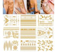 KLINNA 9 hojas festivales tatuajes dorados metalizados temporales flash tatuajes adhesivos mujer adulto brillo joyería corporal para fiestas y playa, accesorios impermeables mujeres niñas